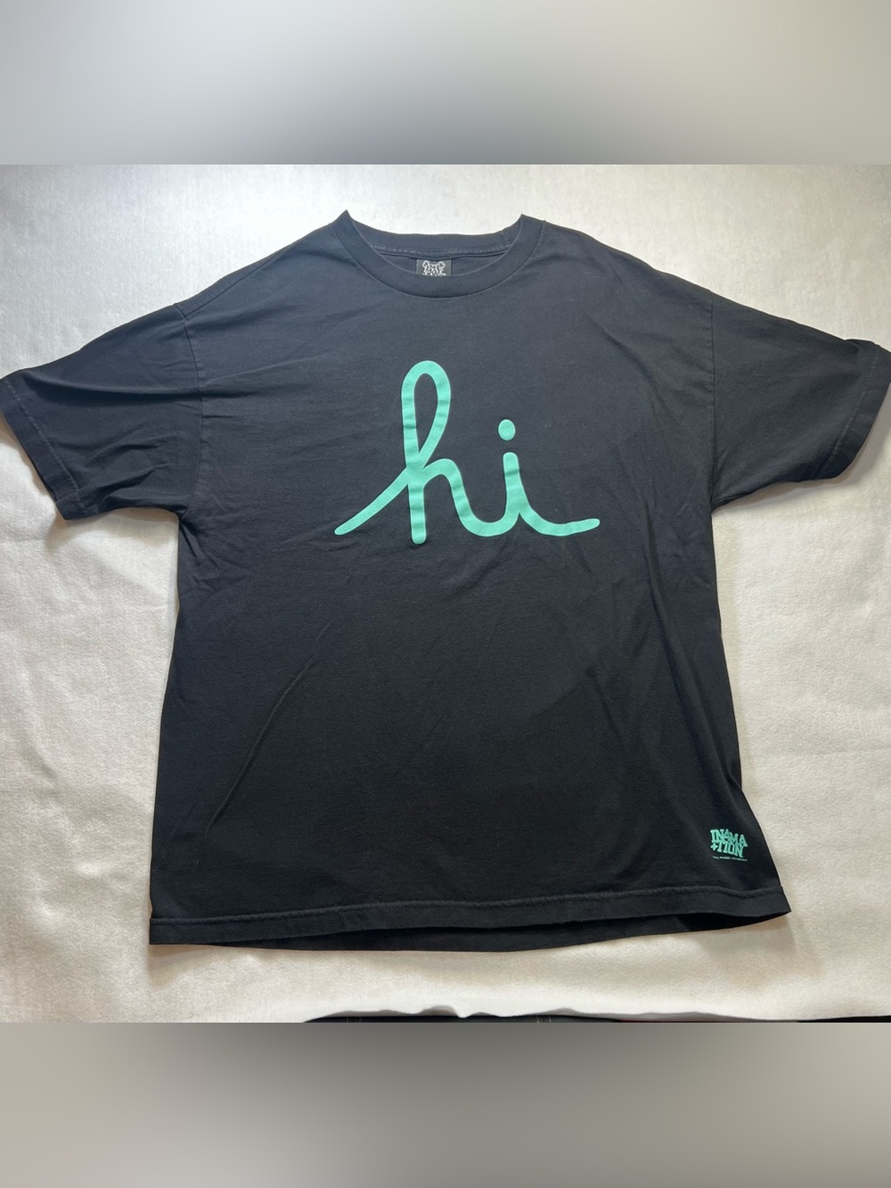 Hi Script Graphic Tee - Black with Teal Print in4mation. (0057)